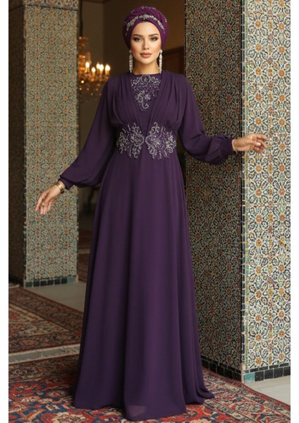Dantelli Mürdüm Tesettür Abiye Elbise 9118MU fırsatları