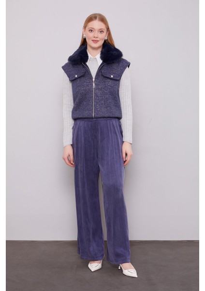 Lacivert Yakası Kürk Detaylı Kaşmir Yelek fiyatları