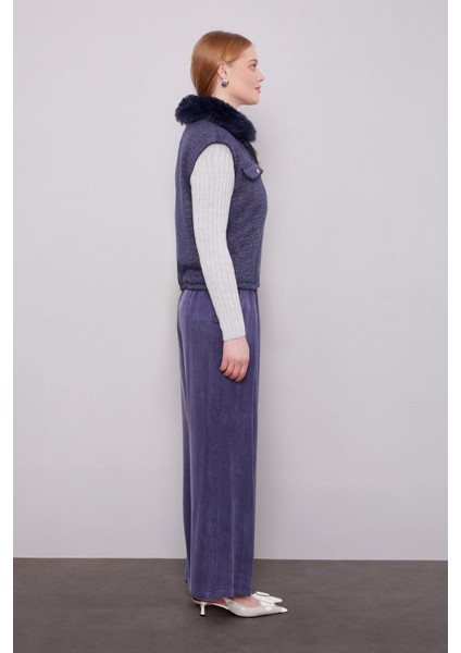 Lacivert Yakası Kürk Detaylı Kaşmir Yelek modelleri