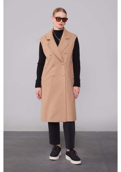 K.bej Maxi Boy Kaşe Yelek