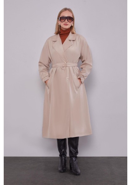 Bej Kolu Lastikli Kemer Detaylı Trençkot