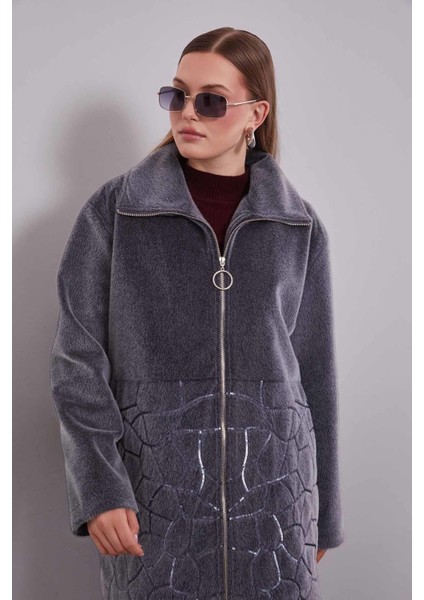 Antrasit Pullu Desen Midi Kaban