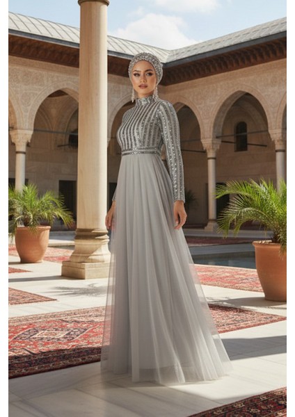 Pul Payetli Gri Tesettür Abiye Elbise 5338GR indirimleri