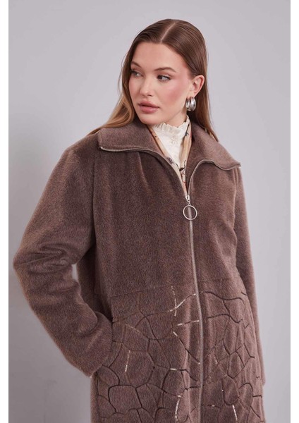 Kahve Pullu Desen Midi Kaban