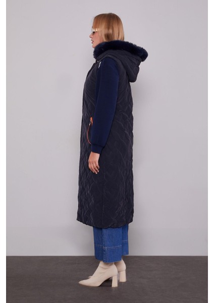 Lacivert Yakası Kürklü Yelek fiyatları