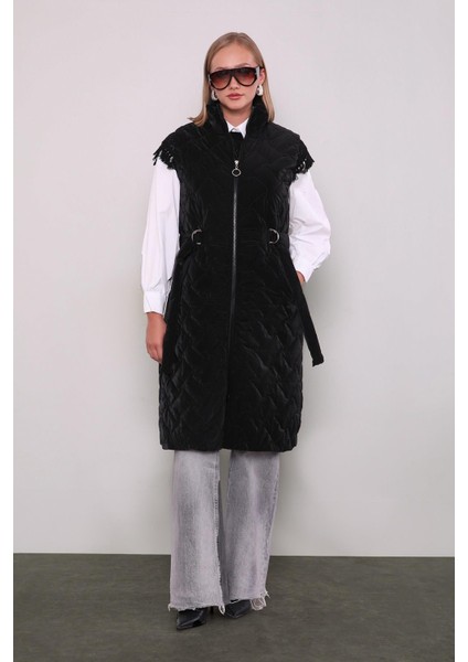 Siyah Kapitone Desen Kemerli Yelek