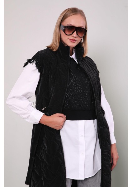 Siyah Kapitone Desen Kemerli Yelek modelleri