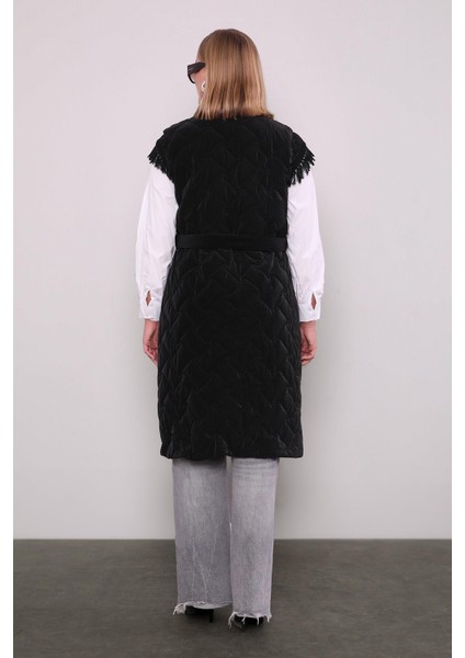 Siyah Kapitone Desen Kemerli Yelek fırsatları