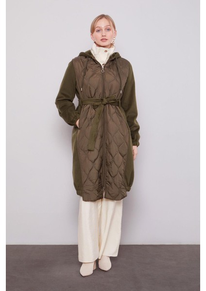 Haki Kaşe Detaylı Kapitone Mont