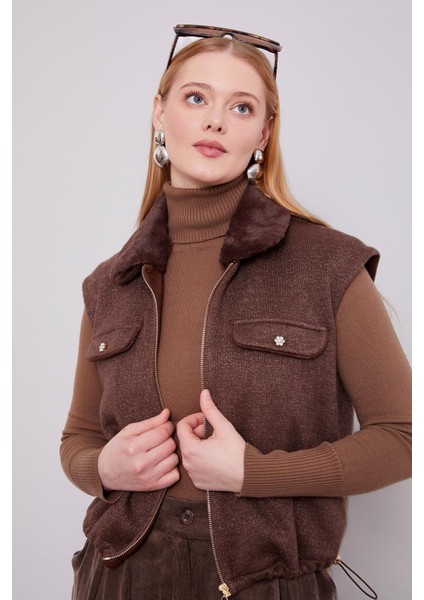 Kahve Yakası Kürk Detaylı Kaşmir Yelek