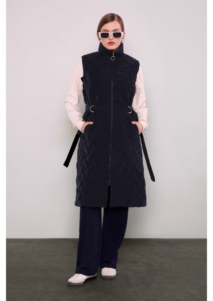 Lacivert Kapitone Desen Kemerli Yelek