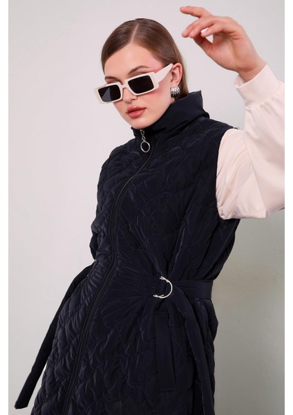 Lacivert Kapitone Desen Kemerli Yelek modelleri