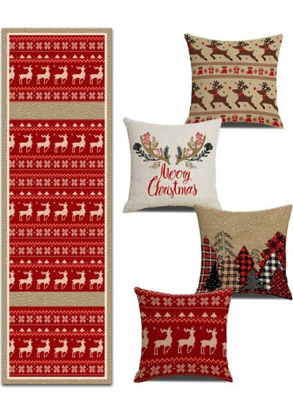 Kırmızı Noel Temalı 4'lü Yastık ve Runner Takımı, Şık ve Sıcak Dekorasyon Seti