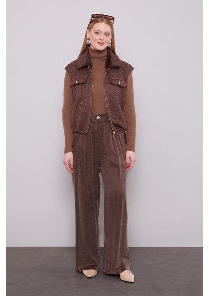 Kahve Yakası Kürk Detaylı Kaşmir Yelek fiyatları