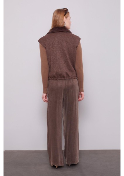 Kahve Yakası Kürk Detaylı Kaşmir Yelek fırsatları