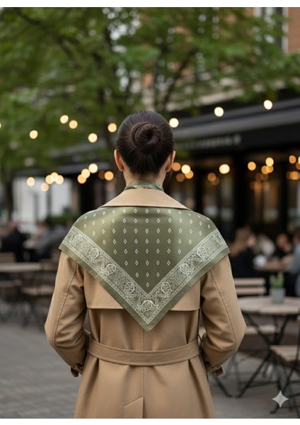 Saray Motif Yeşil Üçgen Fular Bandana Estacraft - 100X45 cm