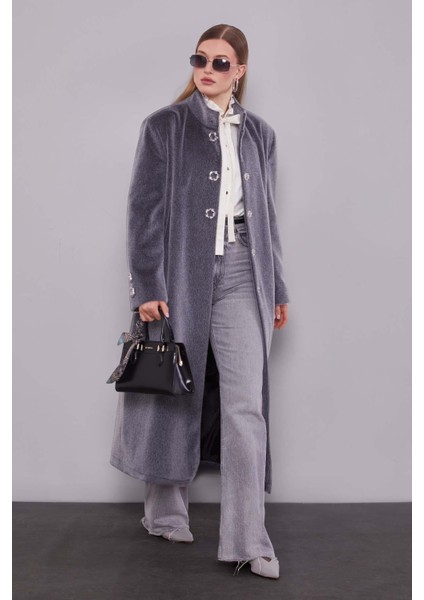 Antrasit Gold Aksesuar Detaylı Kürk Kaban