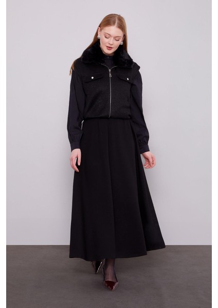 Siyah Yakası Kürk Detaylı Kaşmir Yelek fiyatları