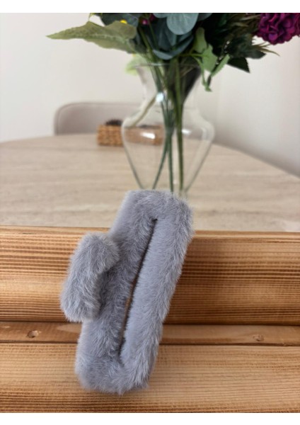 Peluş Kürk Mandallı Toka Gri Büyük