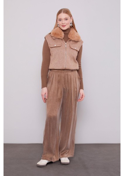 Camel Yakası Kürk Detaylı Kaşmir Yelek fiyatları