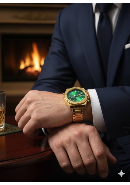 Versage Stil Çelik Erkek Kol Saati Gold Yeşil Kadran