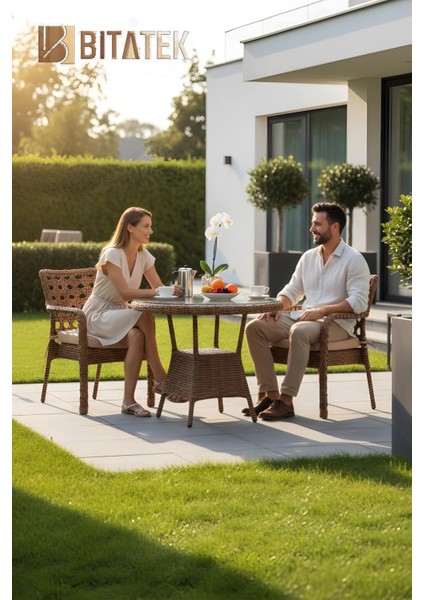 Alaçatı 2 Kişilik Rattan Bahçe Balkon Mutfak Masa Takımı Kahve