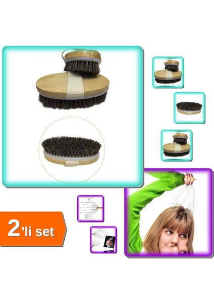 Doğal At Kılı Fırça Masaj ve Selülit Fırçası + Kafa Masaj Aleti Ahtapot Masaj Teli - 2li Set X8T7D2