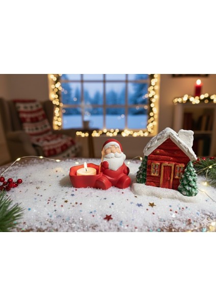 Kırmızı Kış Teması Dekor Seti, Noel Baba Mumluk ve Evi Süsü ile Şıklık Katın