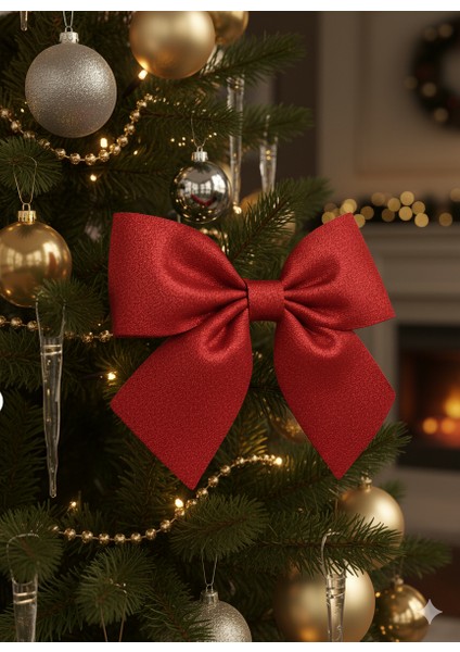 Kırmızı Simli Eva Fiyonk Dekor Yılbaşı Çam Ağacı Süs 25 x 25CM.