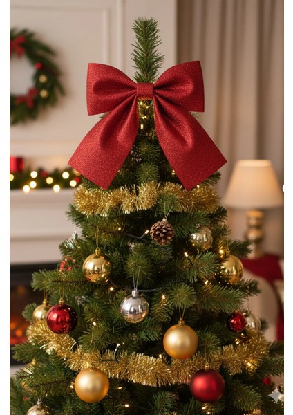 Kırmızı Simli Eva Fiyonk Dekor Yılbaşı Çam Ağacı Süs 25 x 25CM. modelleri