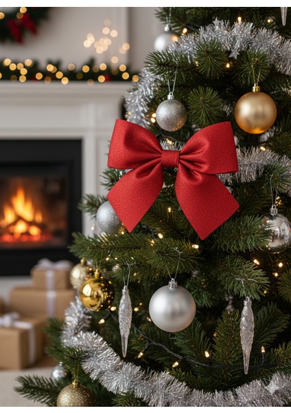 Kırmızı Simli Eva Fiyonk Dekor Yılbaşı Çam Ağacı Süs 25 x 25CM. fırsatları