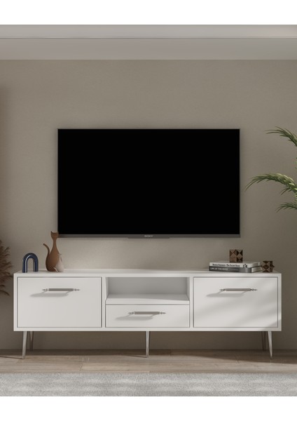 1330DROPDD-128 Tv Sehpası BEYAZ-GÜMÜŞ