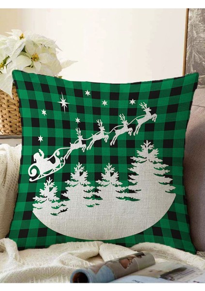 Yeşil Ekose Noel Baba ve Geyikleri Renkli Modern Örme Yastık Kılıfı