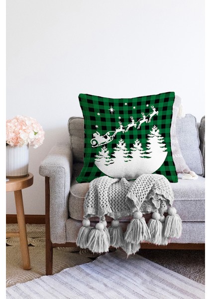Yeşil Ekose Noel Baba ve Geyikleri Renkli Modern Örme Yastık Kılıfı fiyatları