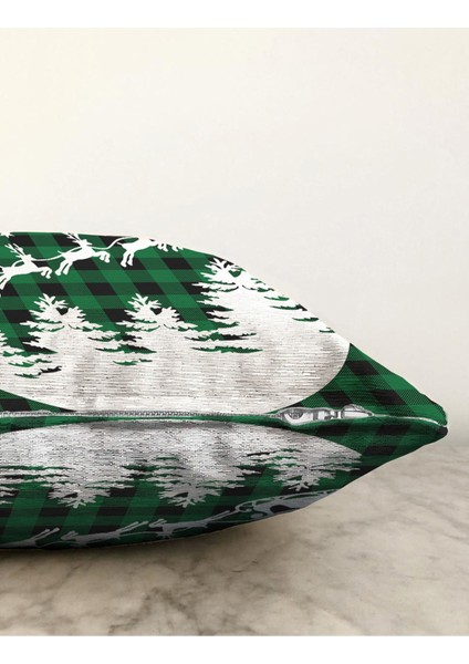 Yeşil Ekose Noel Baba ve Geyikleri Renkli Modern Örme Yastık Kılıfı modelleri