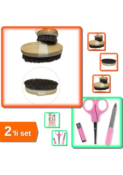 Doğal At Kılı Fırça Masaj Selülit Fırçası + Baby Bebek Tırnak Bakım Seti - Pembe - 2li Set J8S4A0