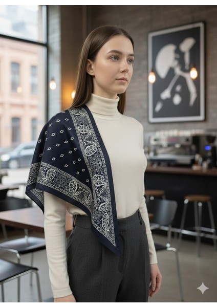 Saray Motif Lacivert Üçgen Fular Bandana Estacraft - 100X45 cm