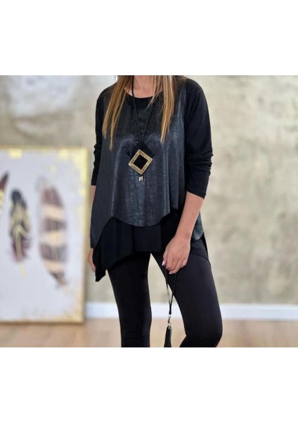 Kadın Siyah Deri Yelekli Kolye Dahil Üçlü Takım modelleri