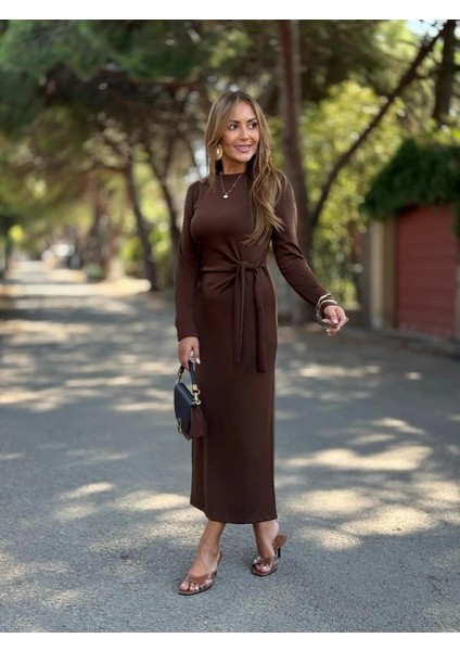 Kadın Uzun Kollu Bisiklet Yaka Yandan Bağlamalı Uzun Modal Elbise modelleri