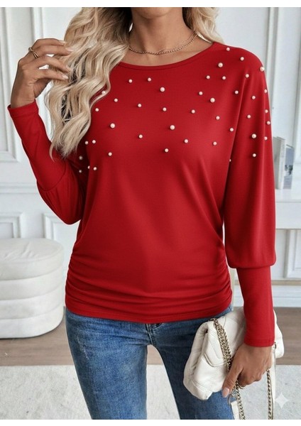 Kadın Uzun Kollu Yuvarlak Yaka Incili Viskon Bluz