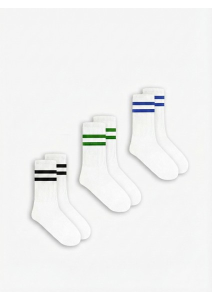 Erkek Çizgili Desenli 3'Lü Uzun Kolej Tenis Çorap Beyaz fiyatları