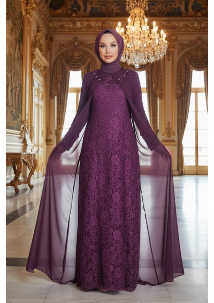 Dantelli Mor Tesettür Abiye Elbise 20803MOR fiyatları