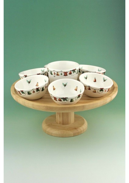 Christmas Bells Bambu Tepsili & Ayaklı Porselen Çerezlik Seti