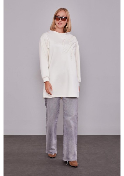Ekru Inci Detaylı Sweatshirt