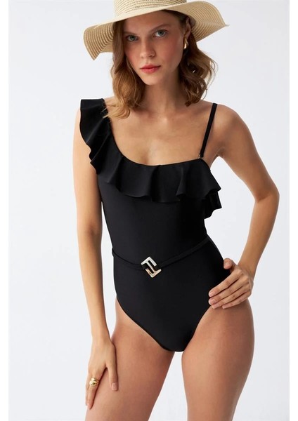 Kadın Tek Omuz Fırfırlı Mayo Siyah