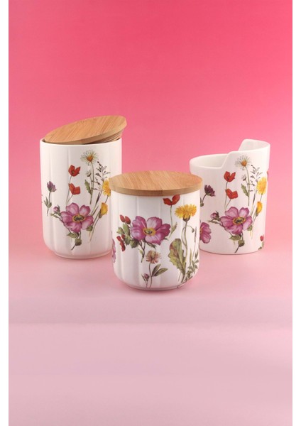 Meadow 3 Lü Ahşap Vakumlu Kapaklı Porselen Baharatlık & Kaşıklık