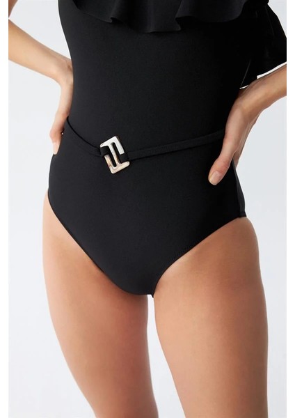 Kadın Tek Omuz Fırfırlı Mayo Siyah fırsatları