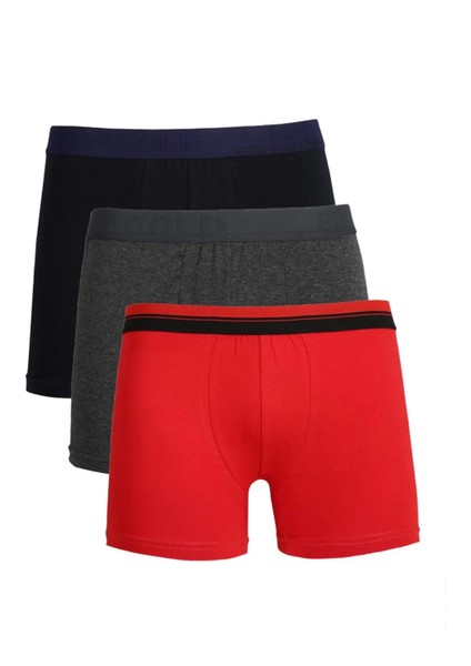 Erkek Penye 3'lü Boxer Siyah-Füme-Kırmızı