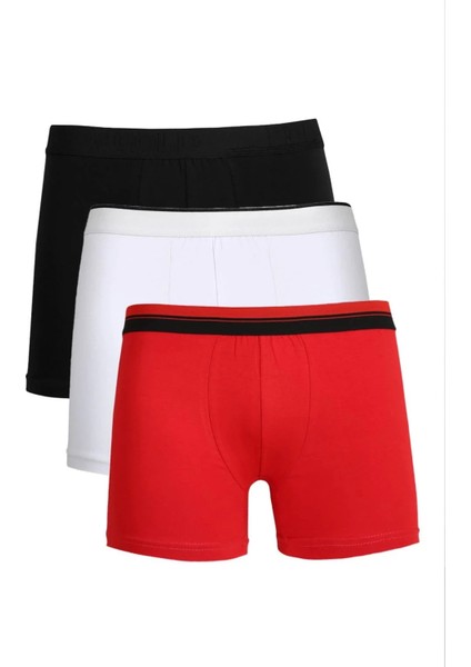 Erkek Penye 3'lü Boxer Siyah-Kırmızı-Beyaz