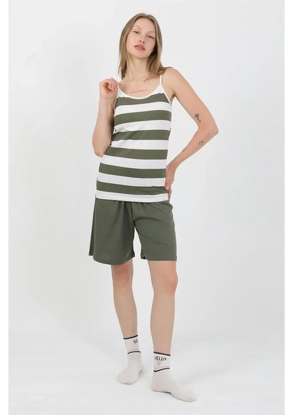 Kadın Ip Askılı Pamuk Penye Şortlu Takım Haki